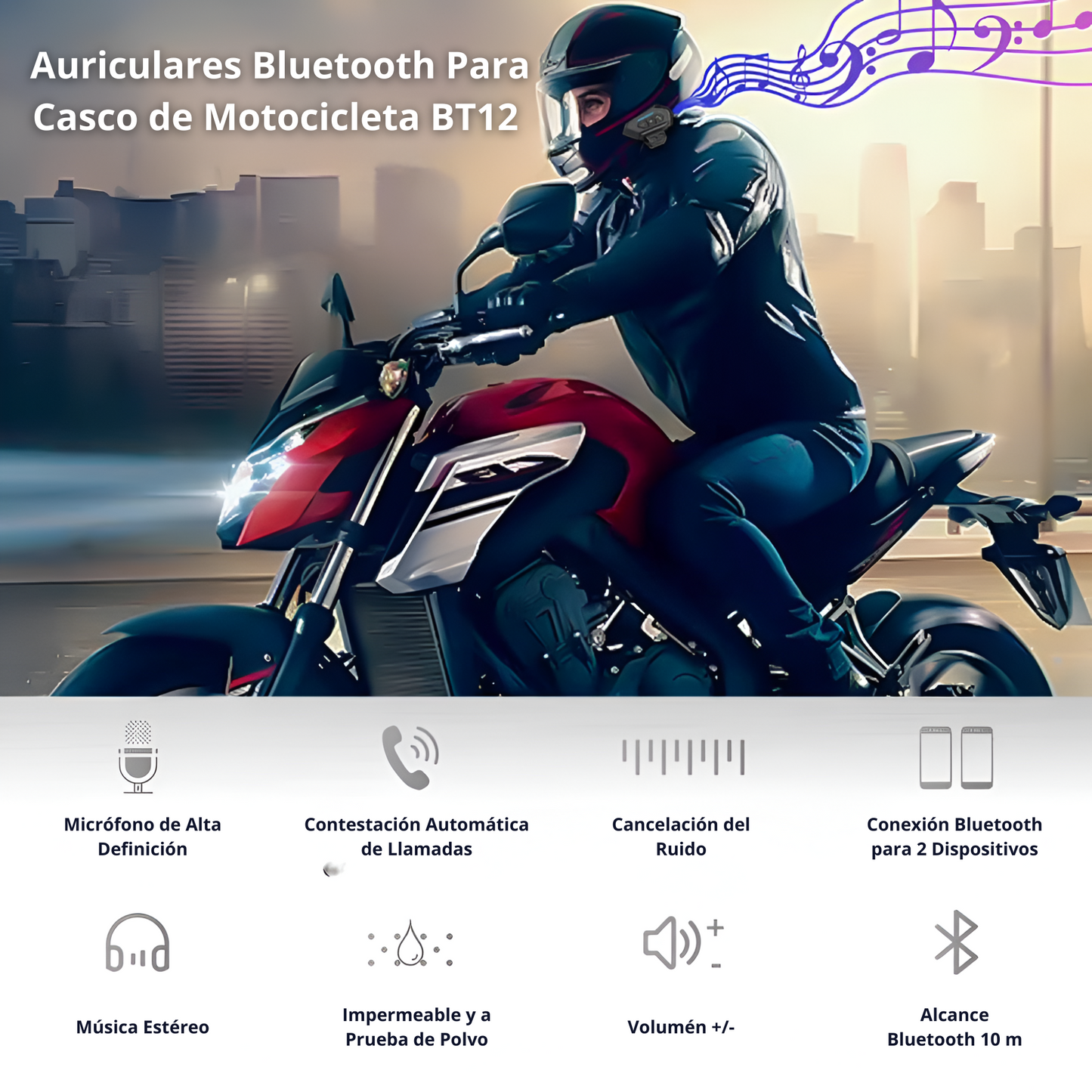 Moto Sound X Auriculares Bluetooth para Casco de Motocicleta, Inalámbricos, Manos Libres, Estéreo, Anti Interferencias, Impermeables, Reproductor de Música y Altavoz.